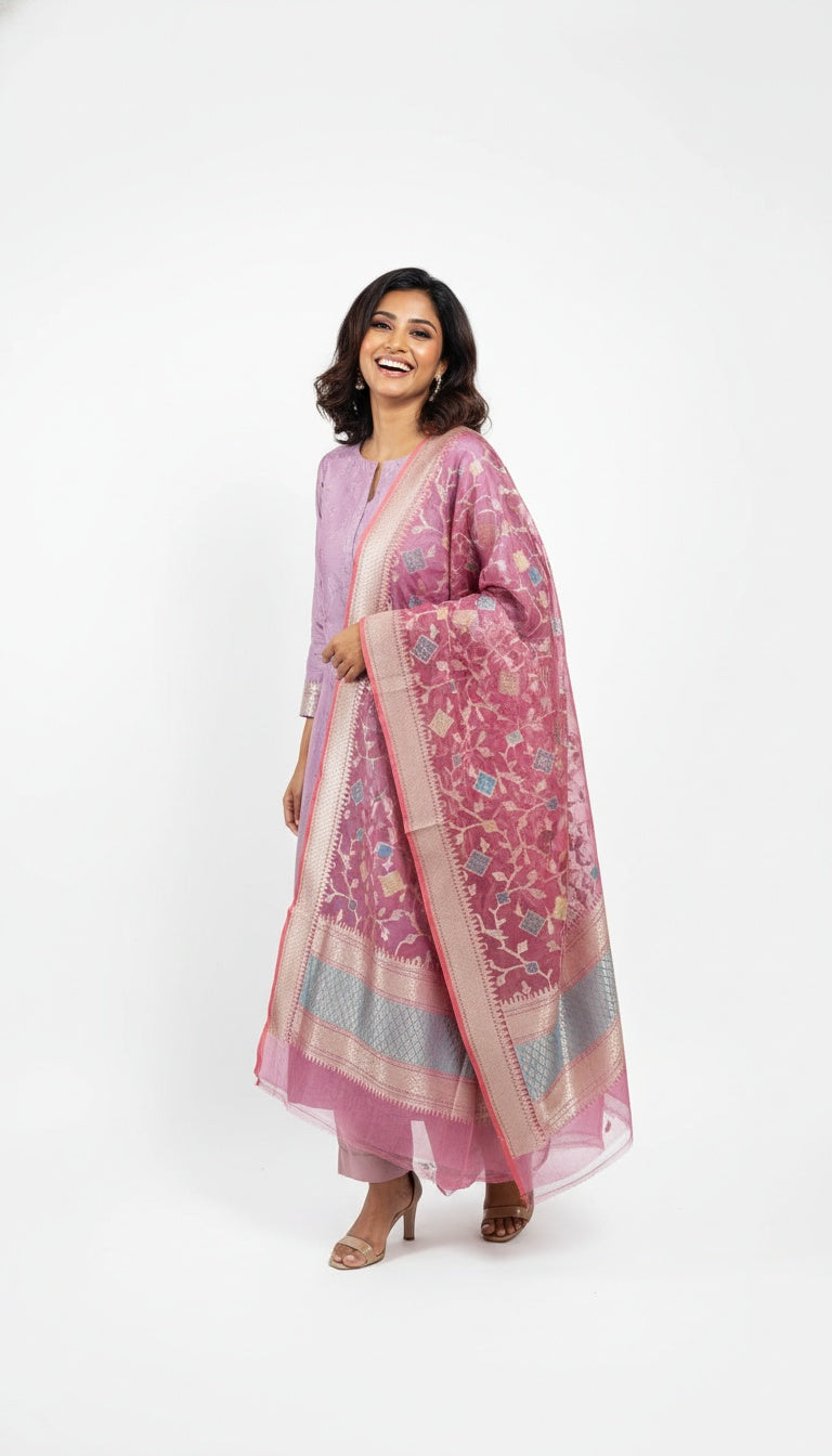 Lavender Silk Suit Set with Woven Dupatta