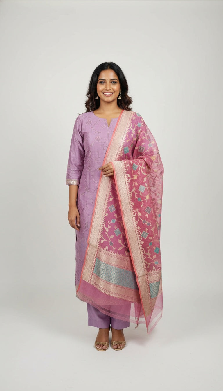 Lavender Silk Suit Set with Woven Dupatta