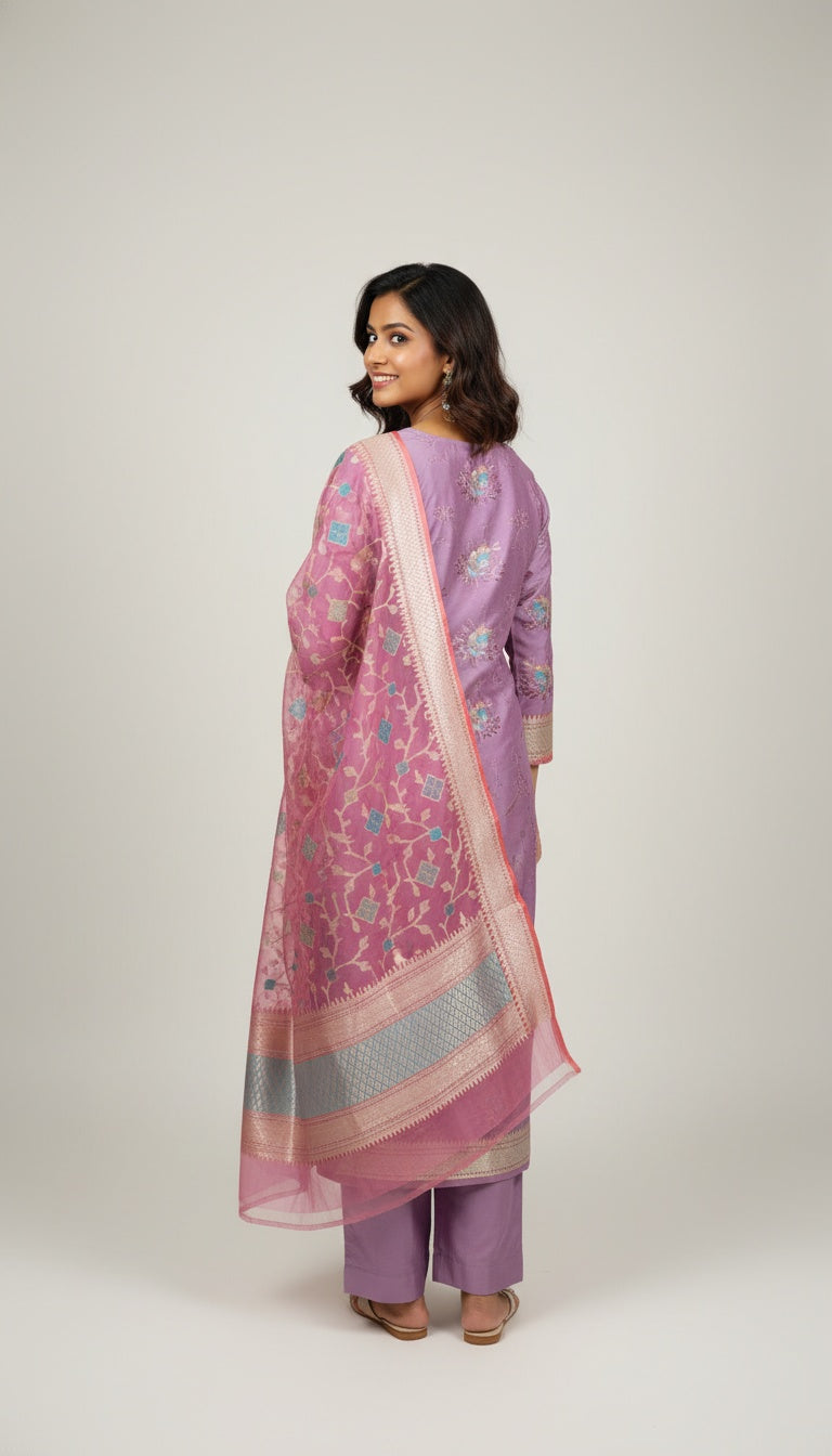 Lavender Silk Suit Set with Woven Dupatta