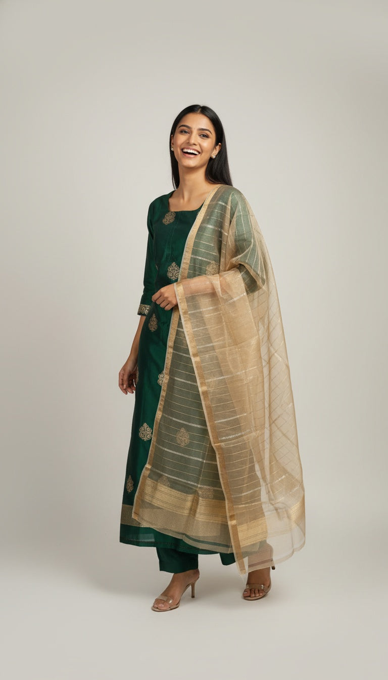 Emerald Green Silk Suit Set with Gold Motifs