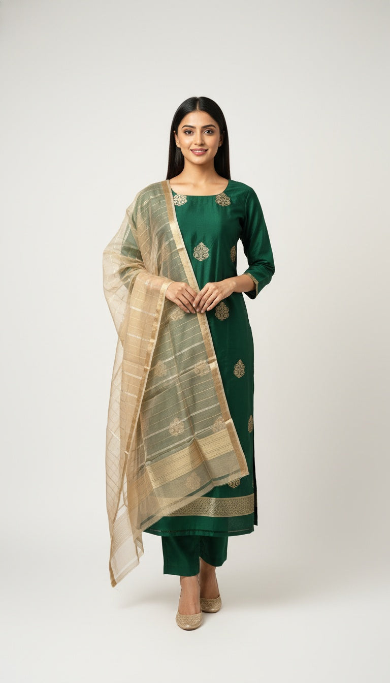 Emerald Green Silk Suit Set with Gold Motifs