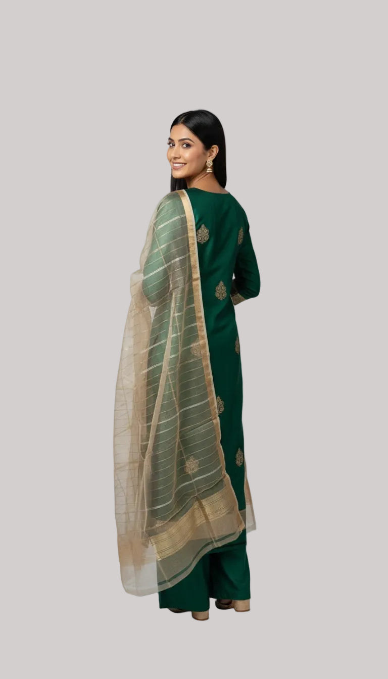 Emerald Green Silk Suit Set with Gold Motifs