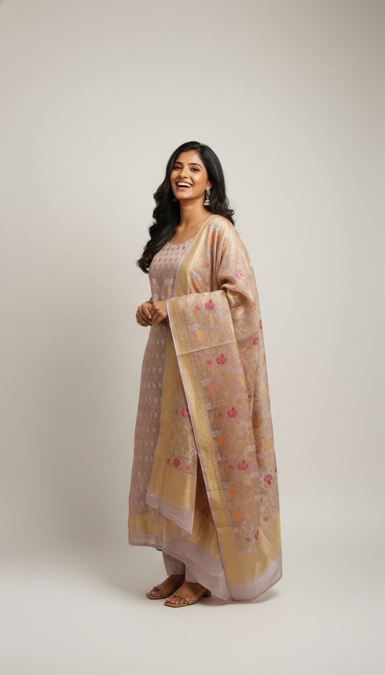 Pastel Lavender Silk Suit Set with Floral Dupatta