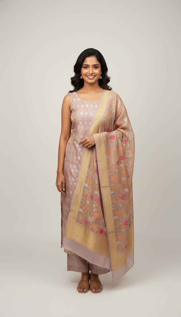 Pastel Lavender Silk Suit Set with Floral Dupatta