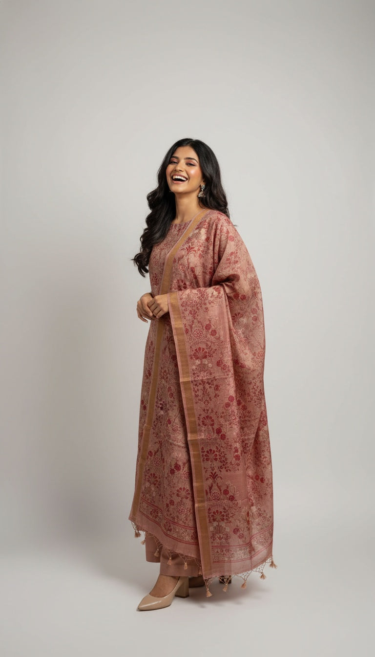 Dusty Rose Silk Suit Set with Woven Floral Motifs