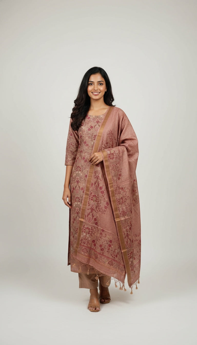 Dusty Rose Silk Suit Set with Woven Floral Motifs