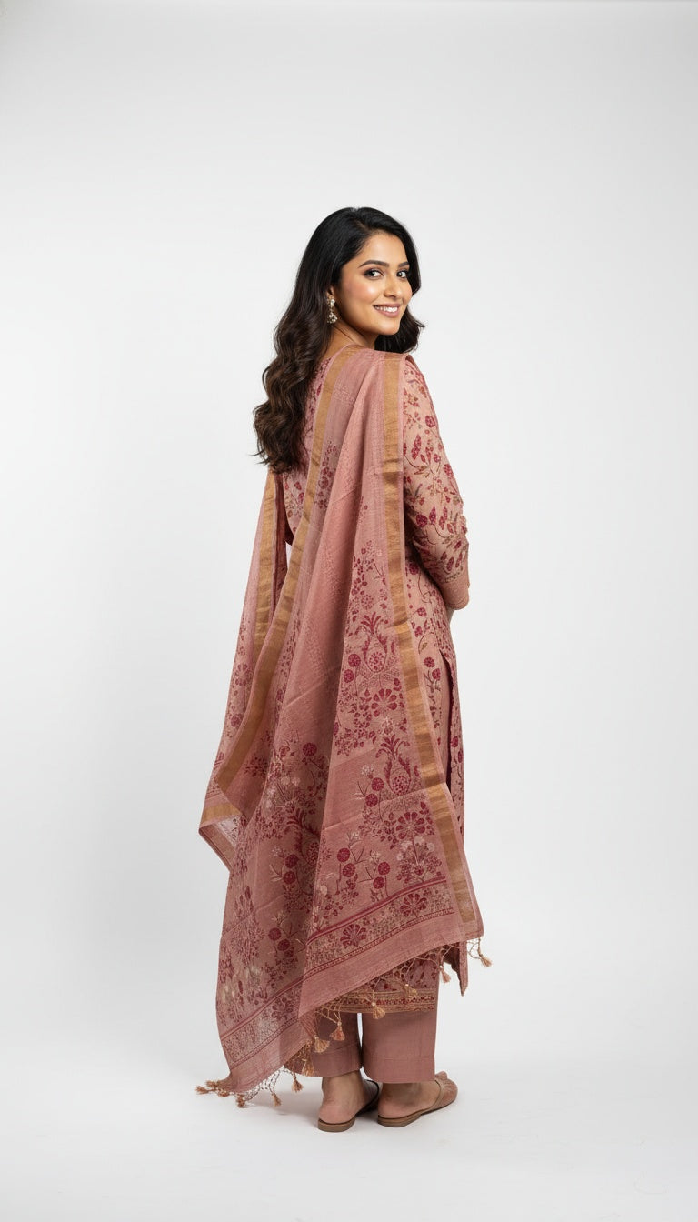 Dusty Rose Silk Suit Set with Woven Floral Motifs