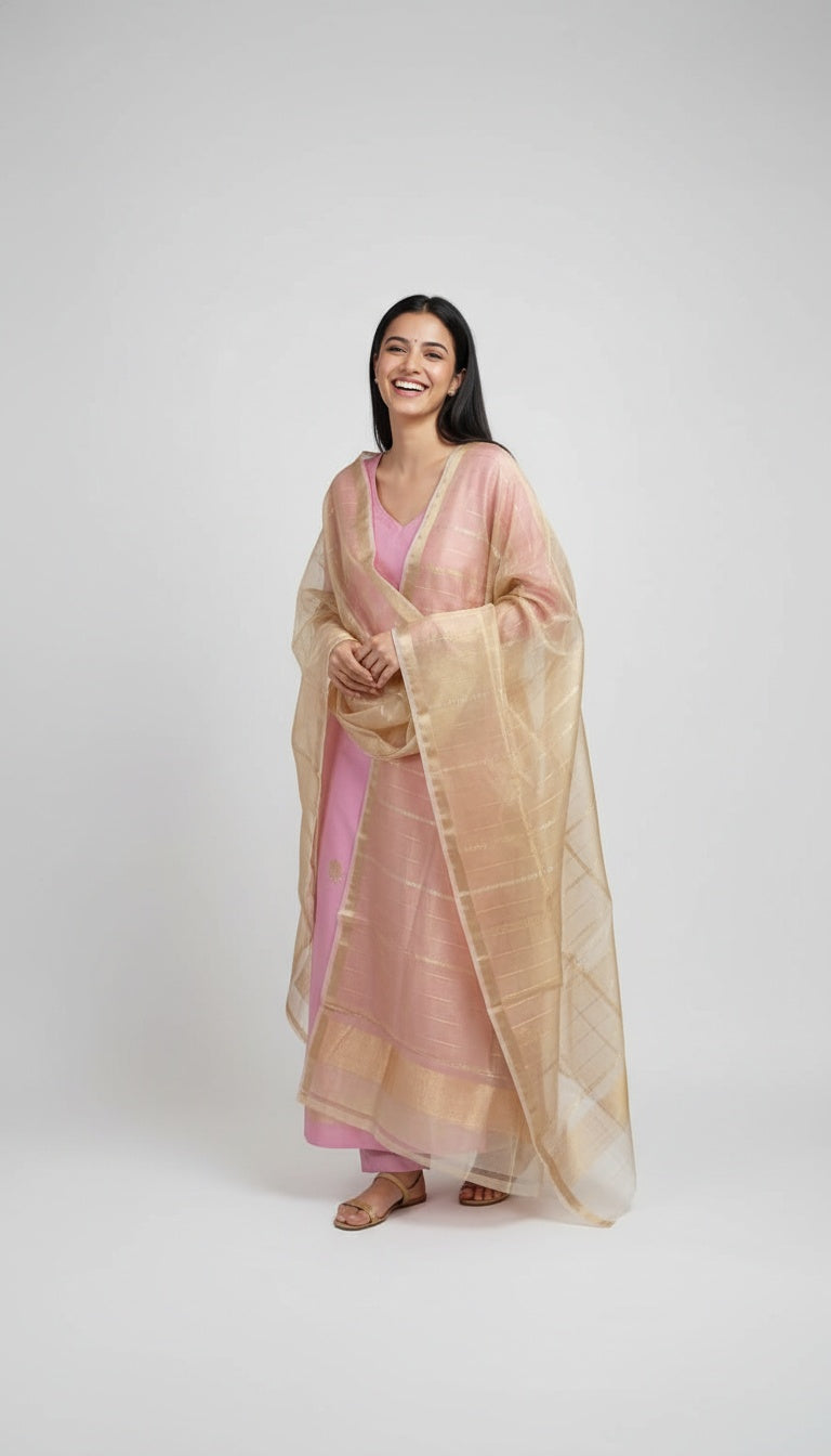 Blush Pink Silk Suit Set with Gold Woven Dupatta