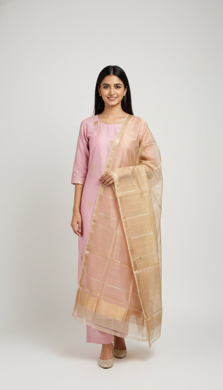 Blush Pink Silk Suit Set with Gold Woven Dupatta