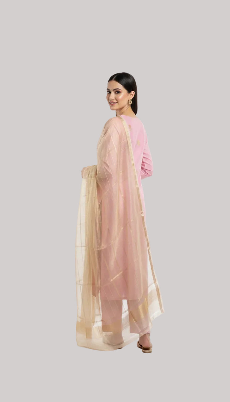 Blush Pink Silk Suit Set with Gold Woven Dupatta