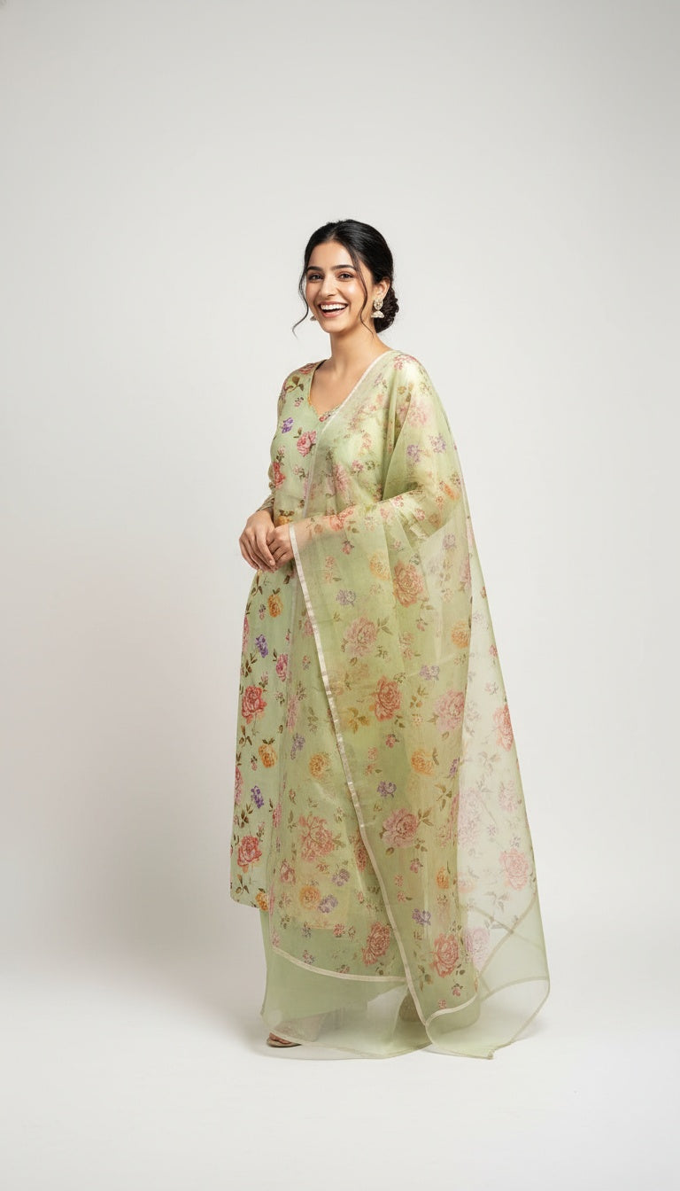 Mint Green Silk Suit Set with Floral Print