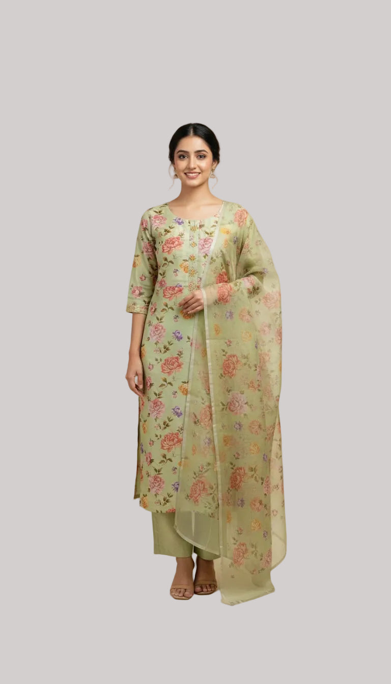 Mint Green Silk Suit Set with Floral Print