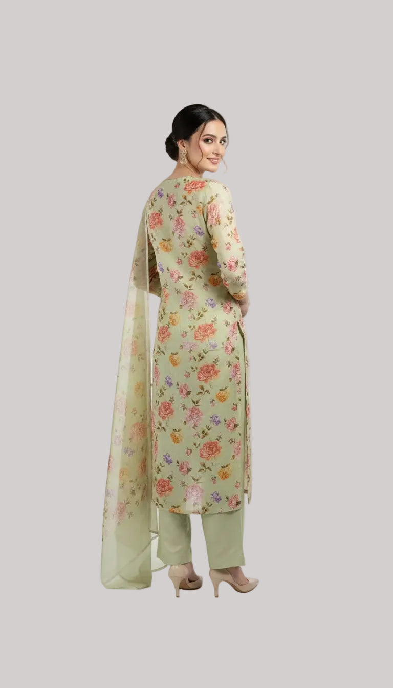 Mint Green Silk Suit Set with Floral Print