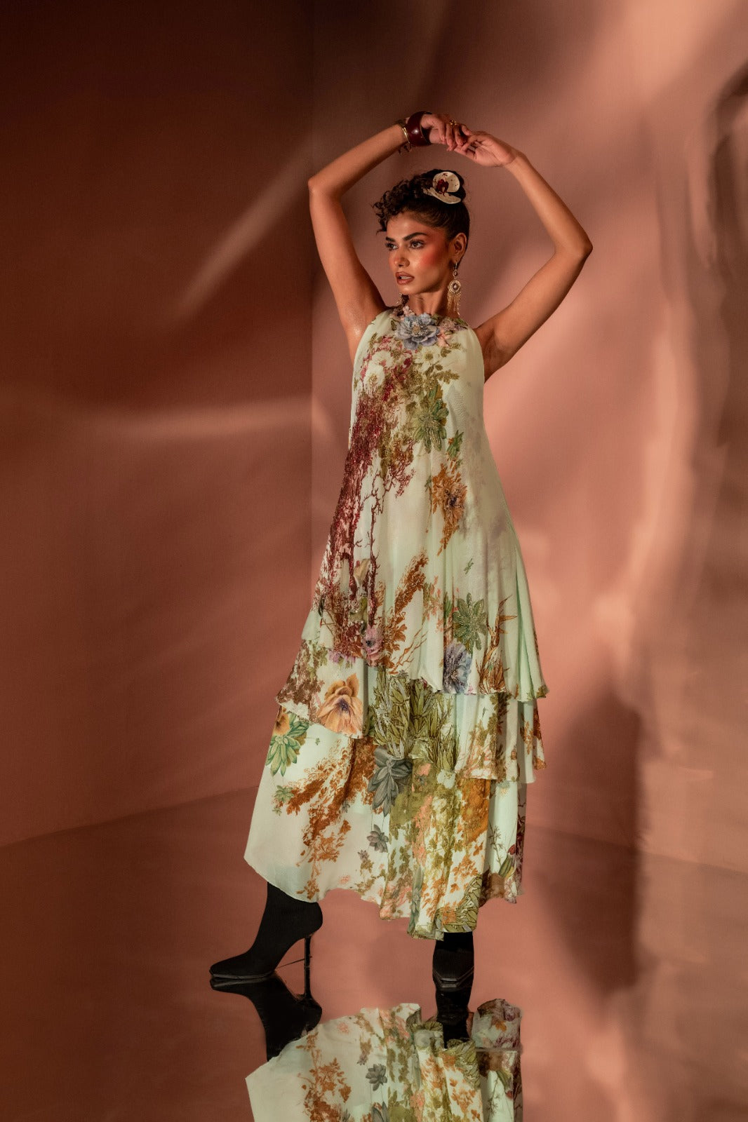Flaunt Sage Bloom Asymmetric Layered Dress