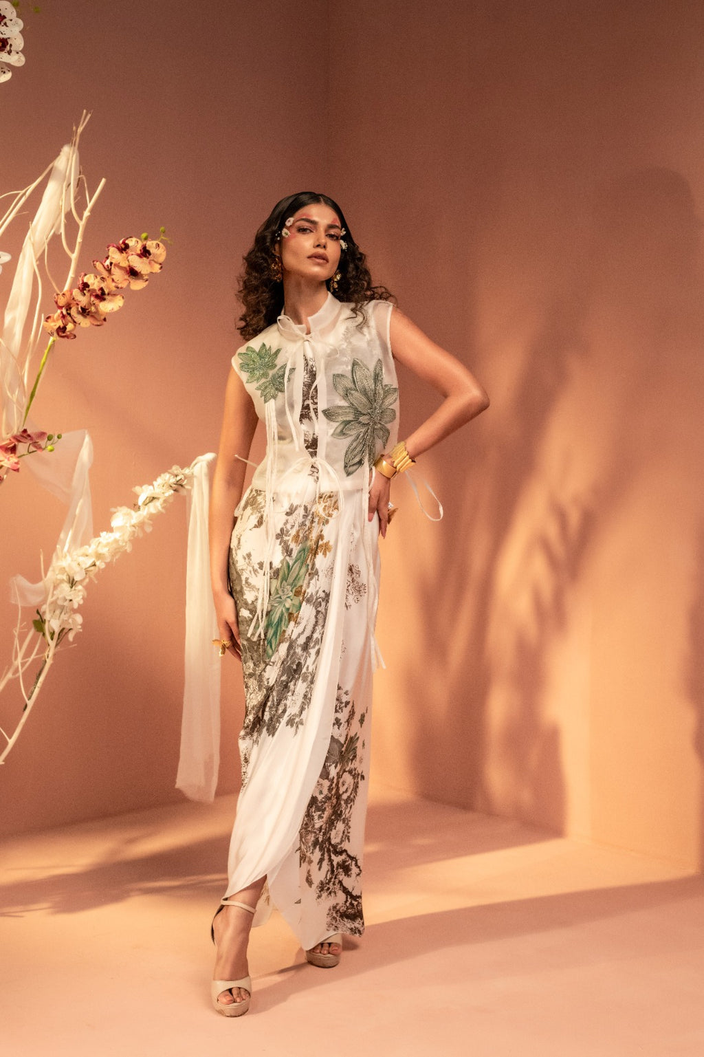 Flaunt Ivory Botanical Draped Gown