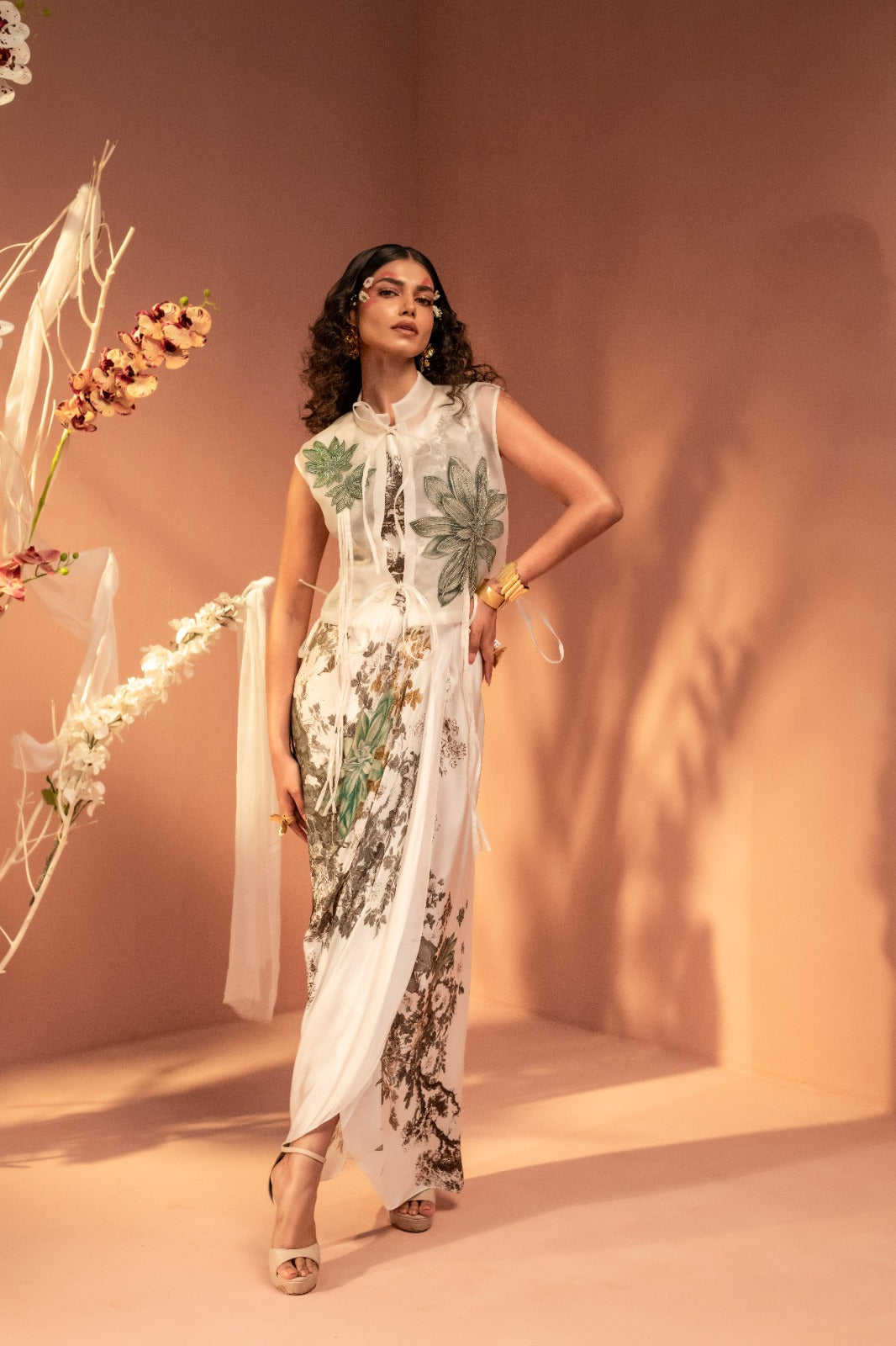 Flaunt Ivory Botanical Draped Gown