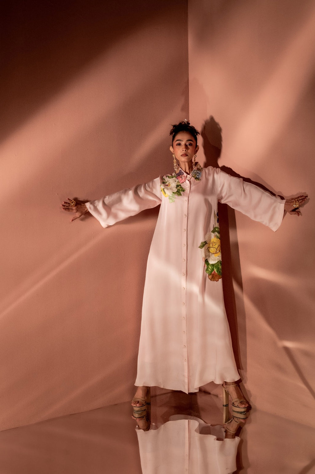 Flaunt Blush Bloom Embroidered Shirt Dress