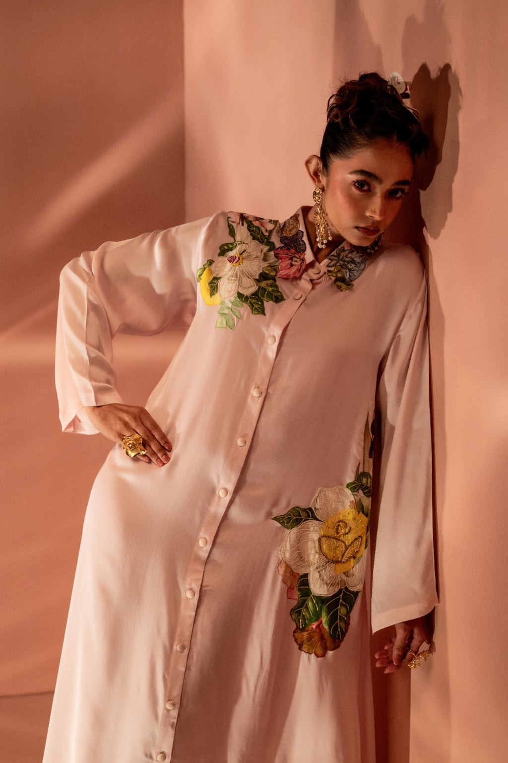 Flaunt Blush Bloom Embroidered Shirt Dress