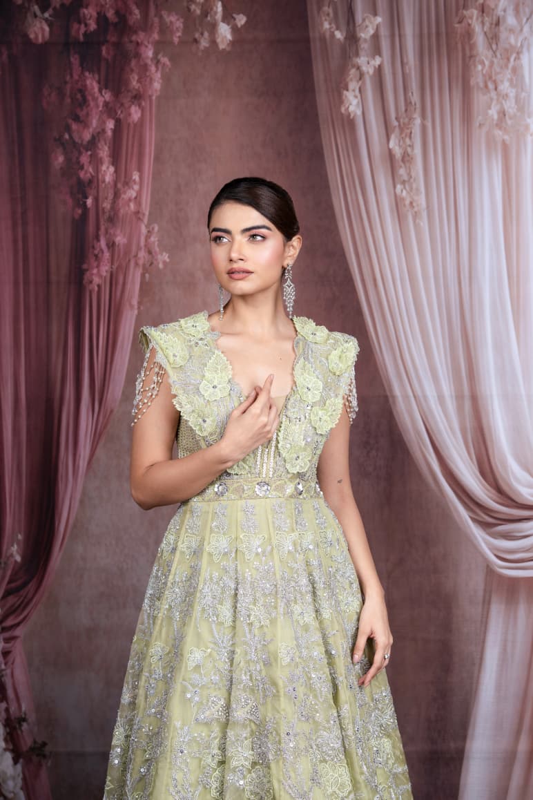 Just like that : Pistachio Green Embroidered Gown with Beaded Detailing