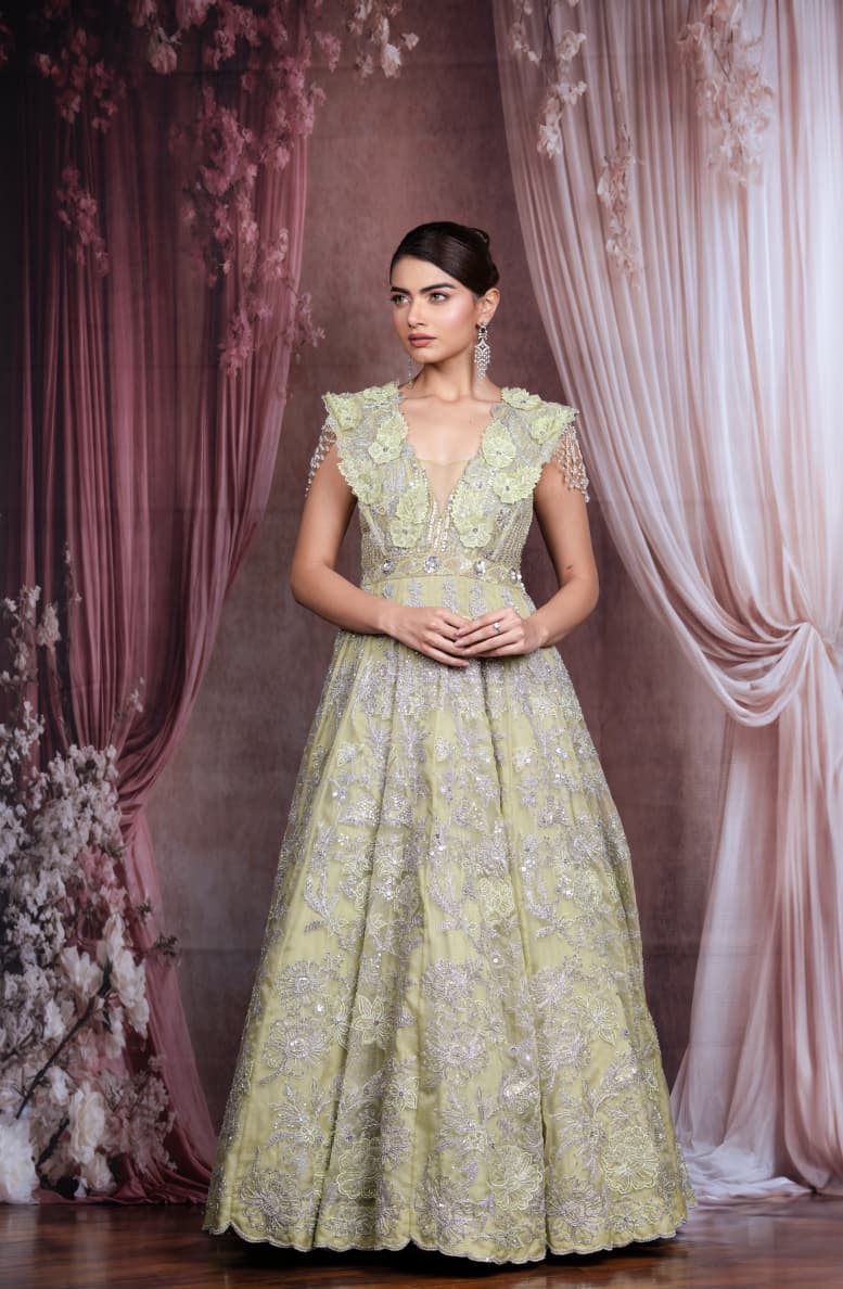 Just like that : Pistachio Green Embroidered Gown with Beaded Detailing