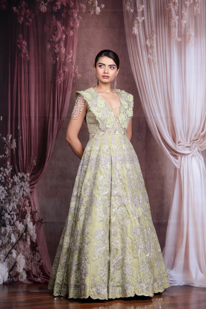 Just like that : Pistachio Green Embroidered Gown with Beaded Detailing