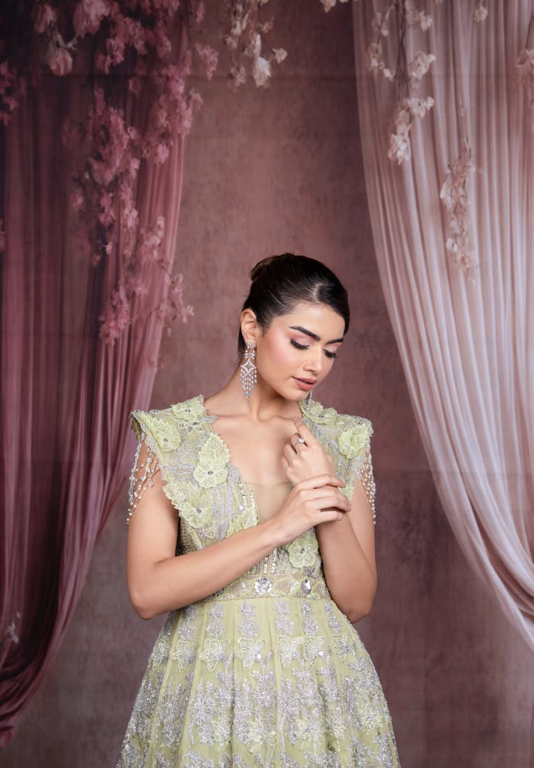 Just like that : Pistachio Green Embroidered Gown with Beaded Detailing