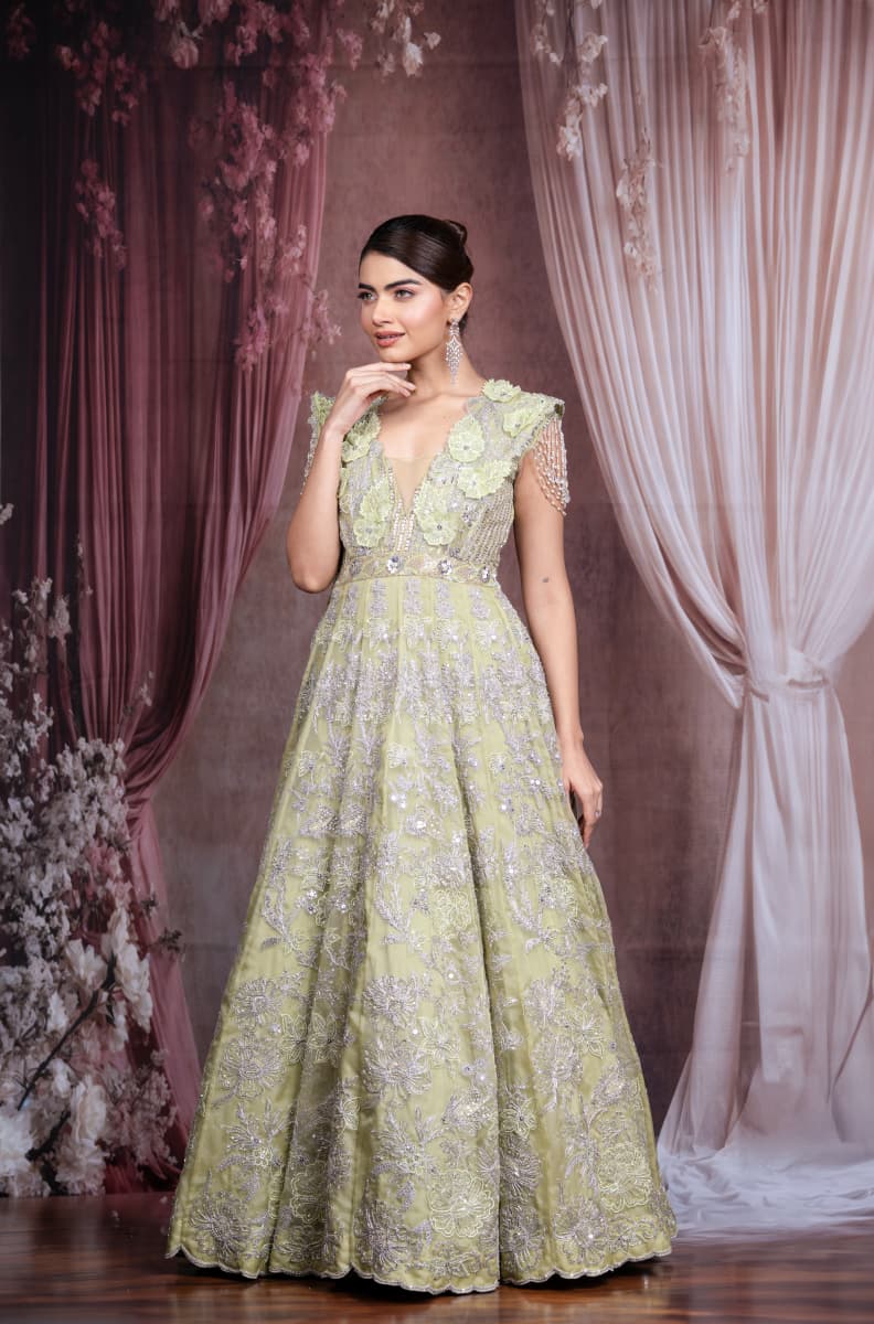 Just like that : Pistachio Green Embroidered Gown with Beaded Detailing
