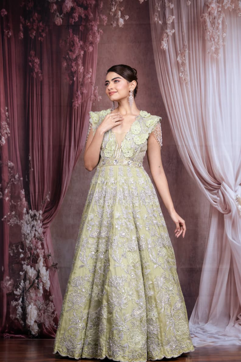 Just like that : Pistachio Green Embroidered Gown with Beaded Detailing