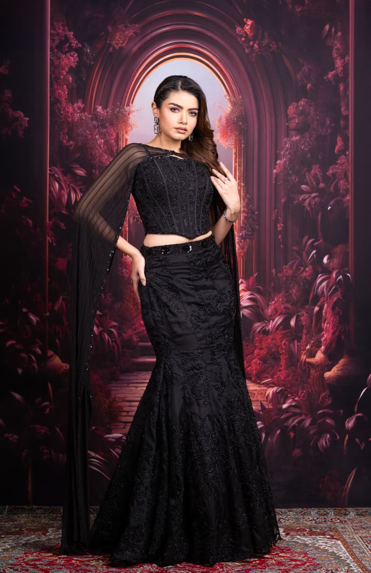Just like that: Black Embellished Mermaid Skirt Set with Sheer Cape