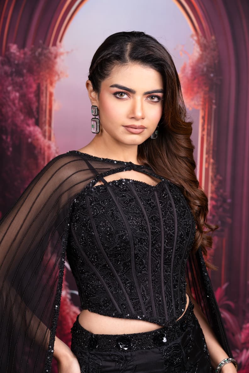 Just like that: Black Embellished Mermaid Skirt Set with Sheer Cape