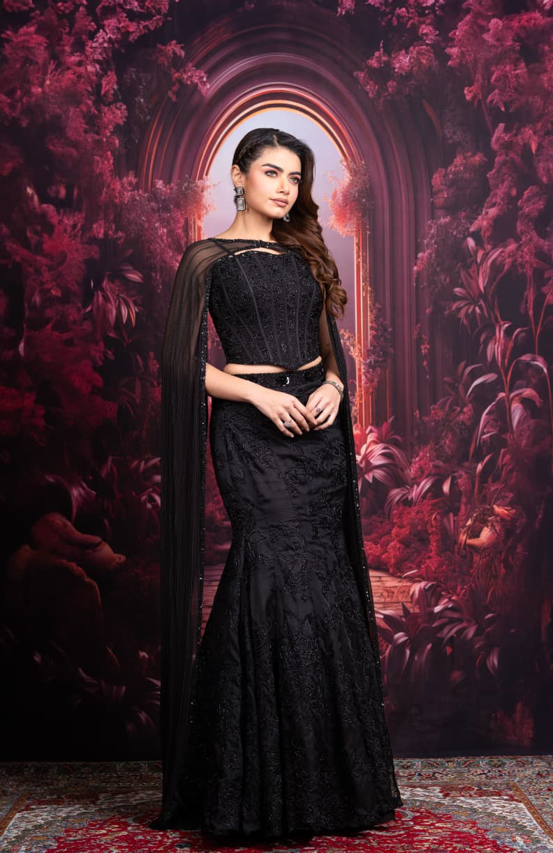 Just like that: Black Embellished Mermaid Skirt Set with Sheer Cape