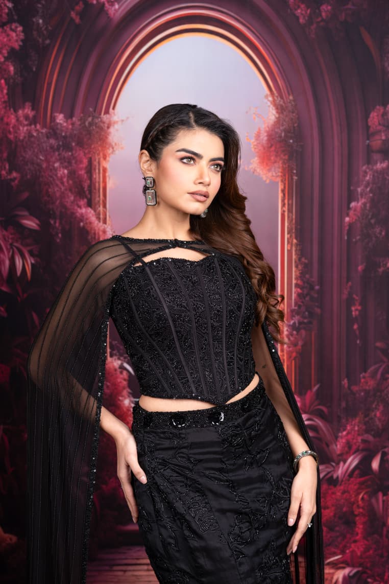 Just like that: Black Embellished Mermaid Skirt Set with Sheer Cape