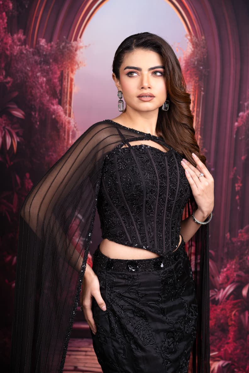 Just like that: Black Embellished Mermaid Skirt Set with Sheer Cape