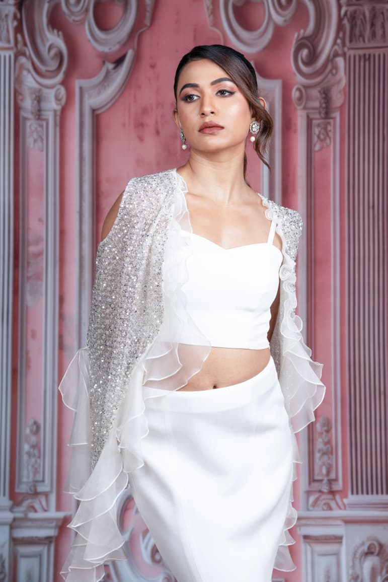 Just like that : White Ruffle Layered Gown with Embellished Jacket