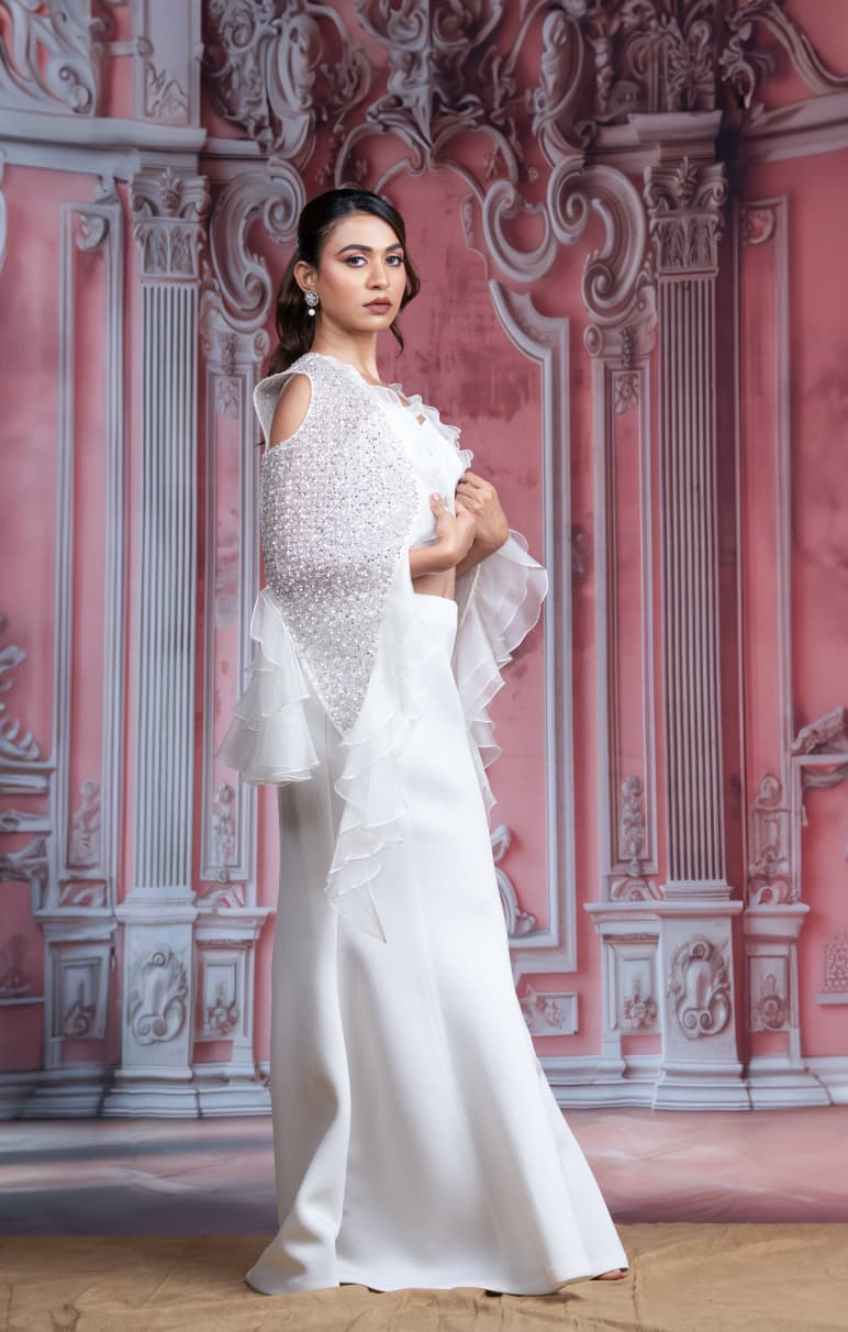 Just like that : White Ruffle Layered Gown with Embellished Jacket