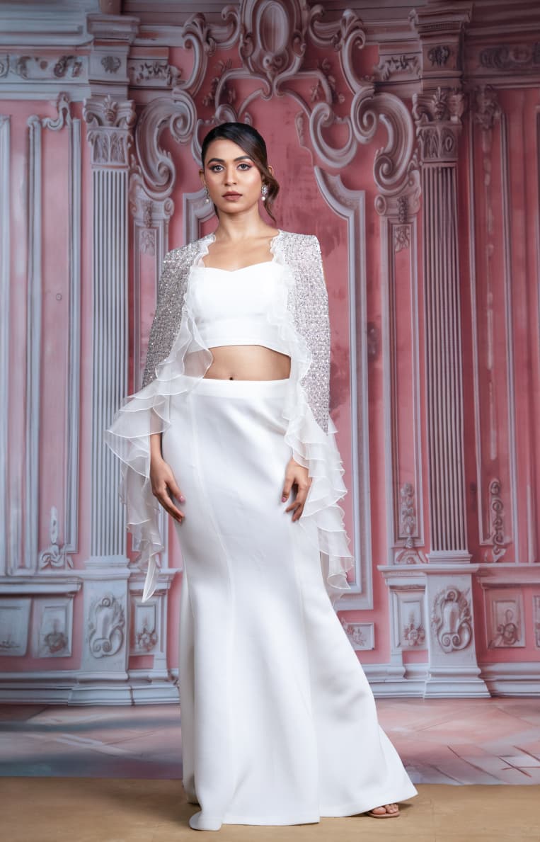 Just like that : White Ruffle Layered Gown with Embellished Jacket