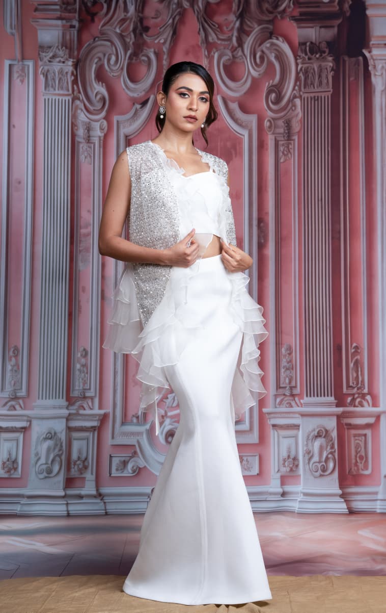 Just like that : White Ruffle Layered Gown with Embellished Jacket