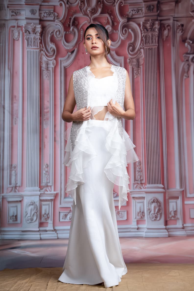 Just like that : White Ruffle Layered Gown with Embellished Jacket
