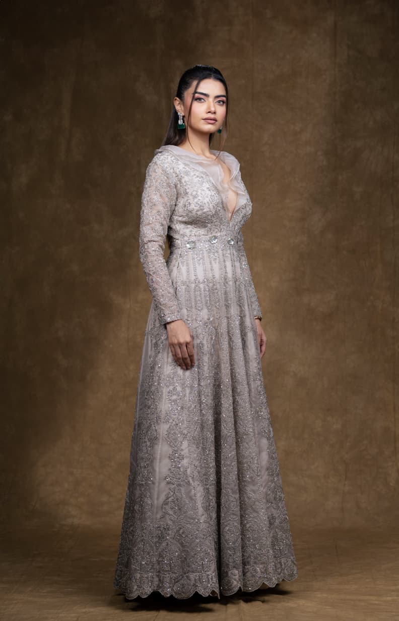 Just like that: Silver Embellished Full-Length Gown with Sheer Ruffle Neckline