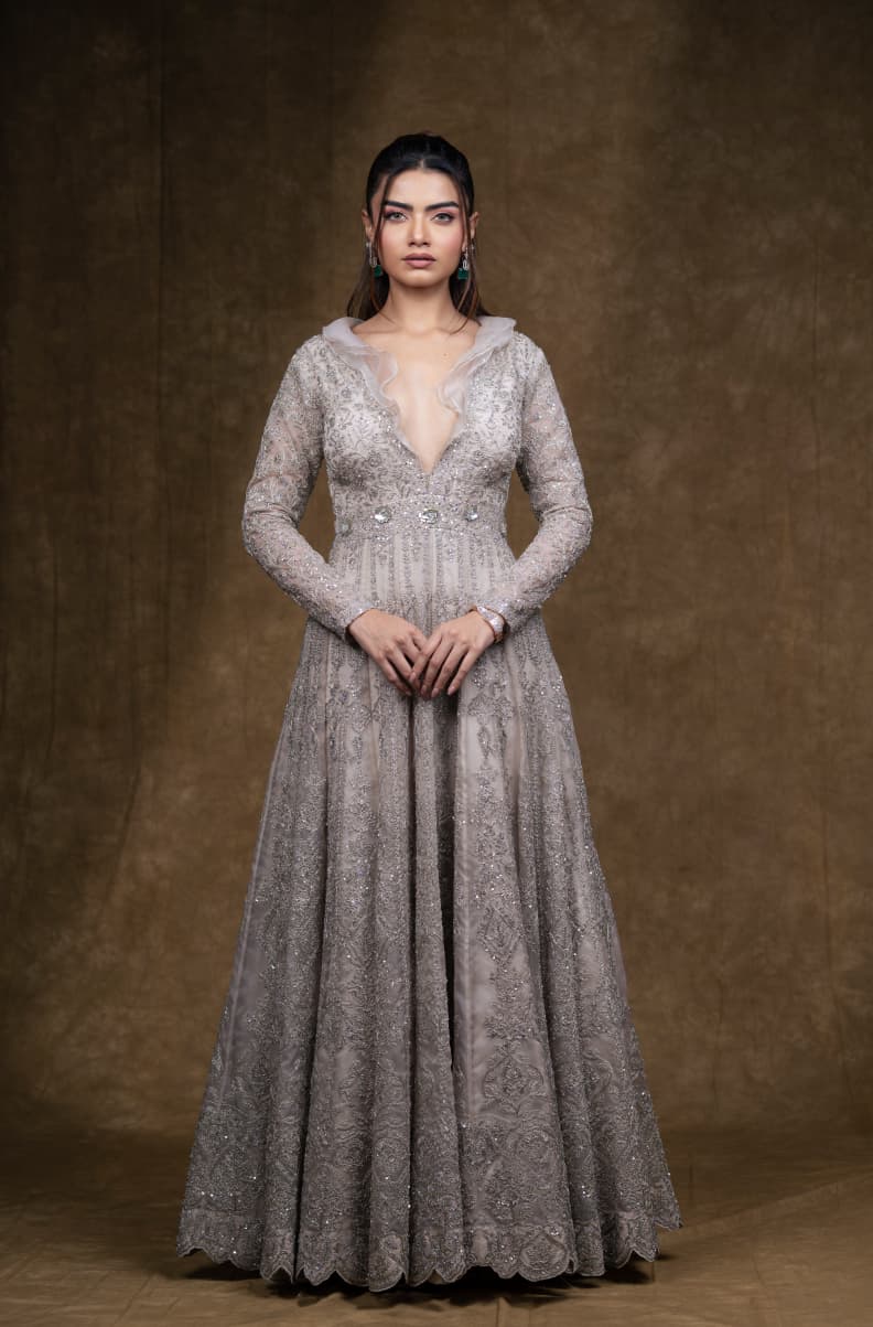 Just like that: Silver Embellished Full-Length Gown with Sheer Ruffle Neckline