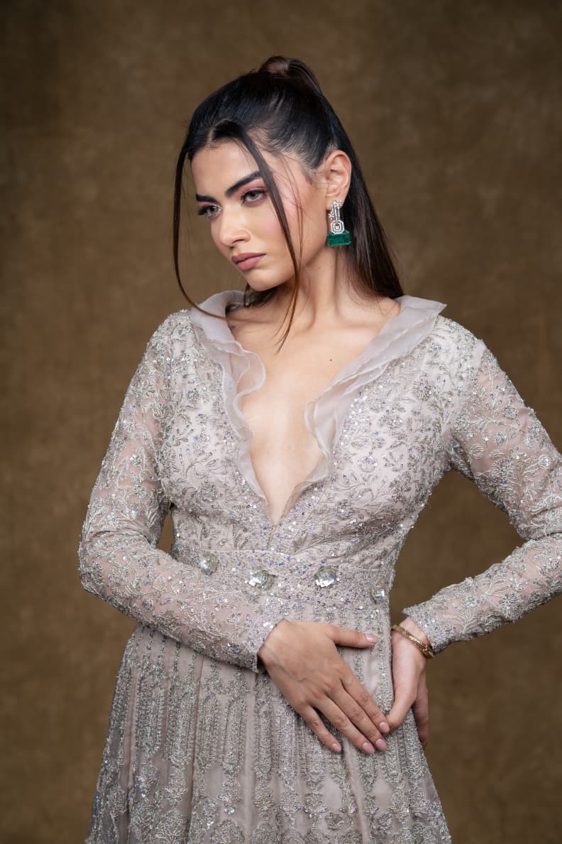 Just like that: Silver Embellished Full-Length Gown with Sheer Ruffle Neckline