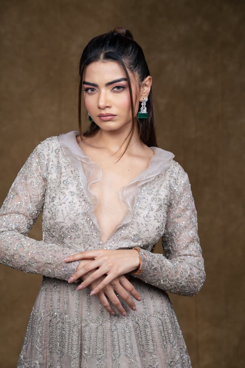 Just like that: Silver Embellished Full-Length Gown with Sheer Ruffle Neckline