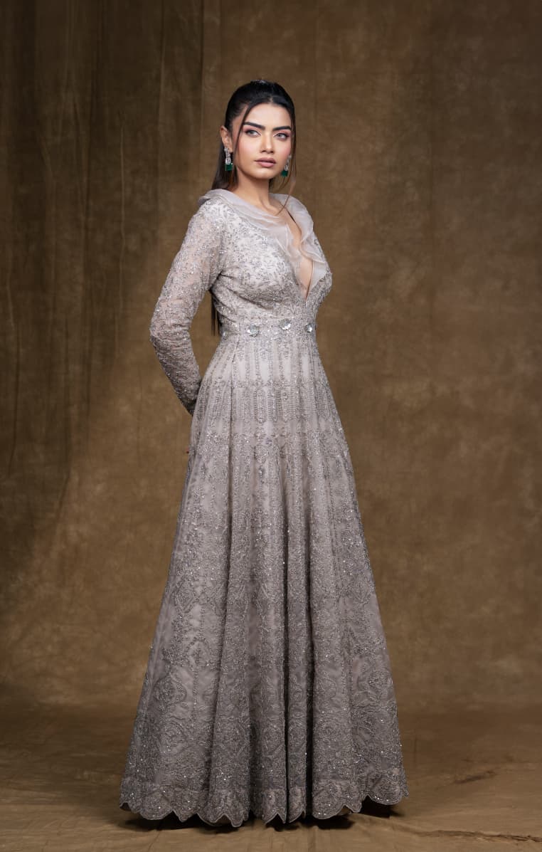 Just like that: Silver Embellished Full-Length Gown with Sheer Ruffle Neckline