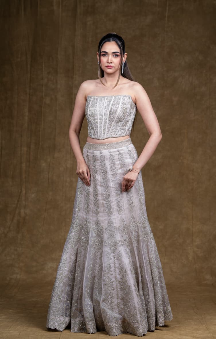 Just like that : Silver Embroidered Corset Lehenga Set