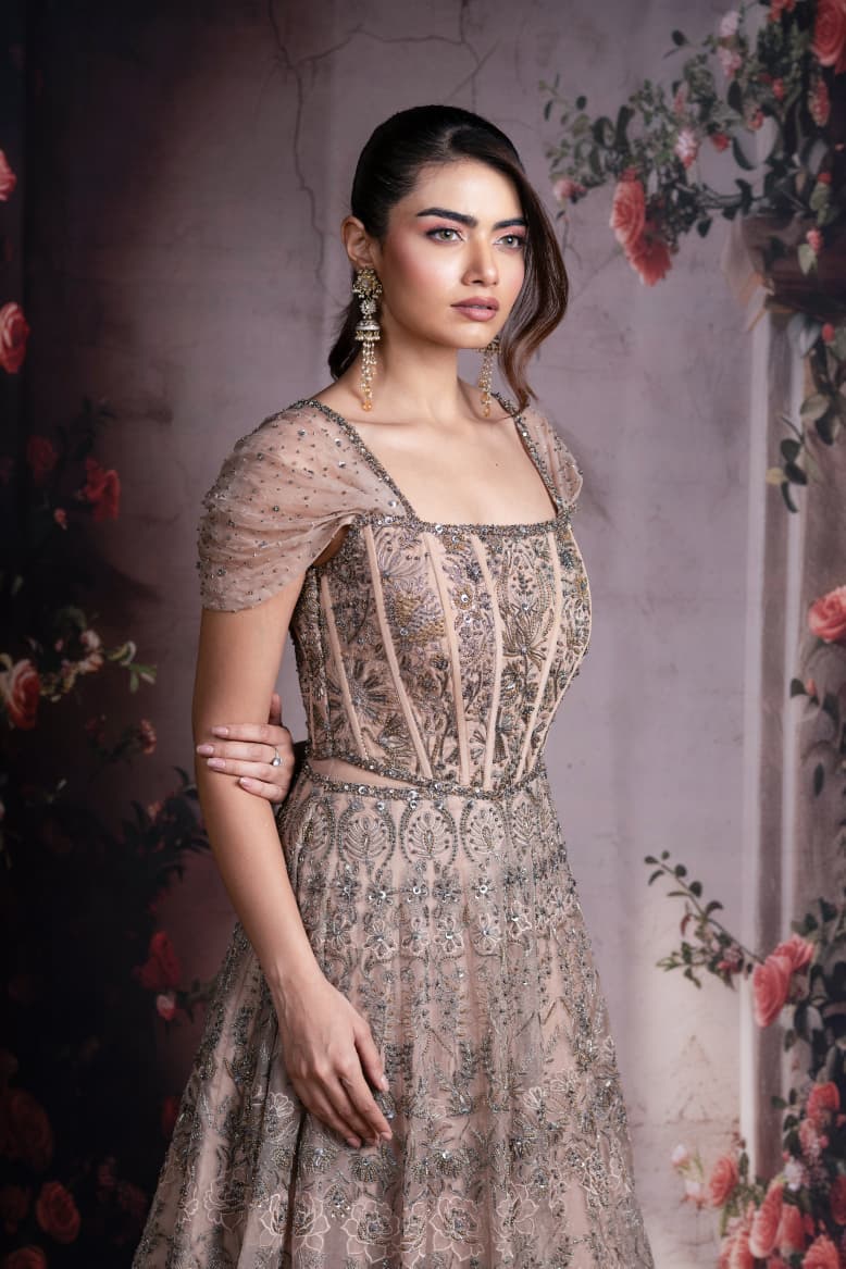 Just like that: Champagne Gold Embroidered Gown with Structured Bodice and Draped Sleeves