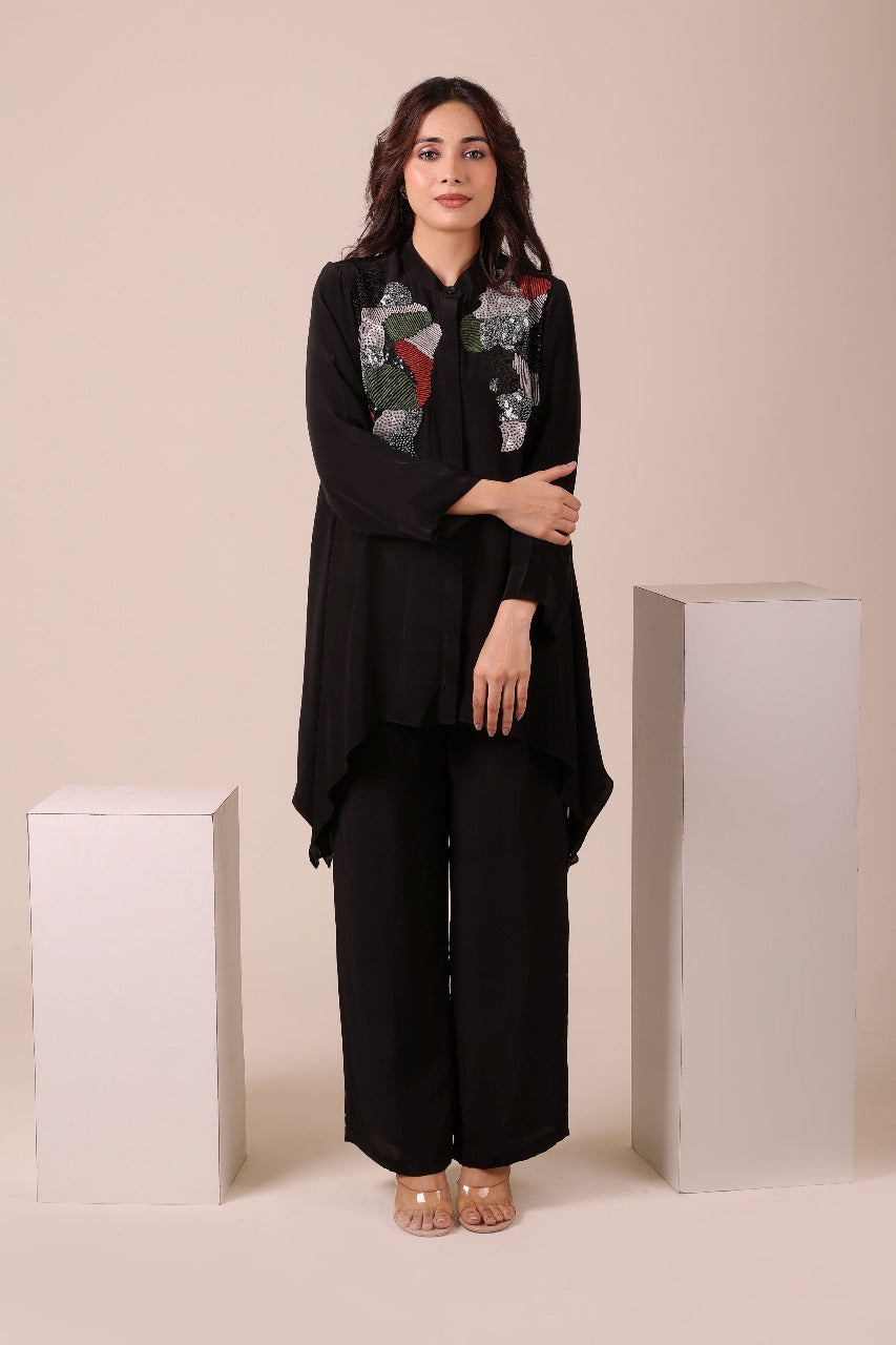 Myra Black Asymmetric Embroidered Tunic Set