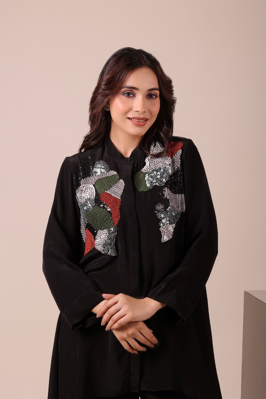 Myra Black Asymmetric Embroidered Tunic Set