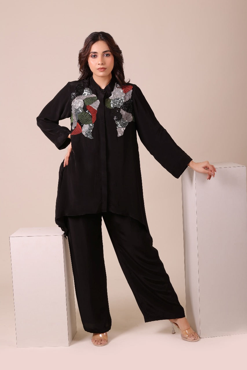 Myra Black Asymmetric Embroidered Tunic Set