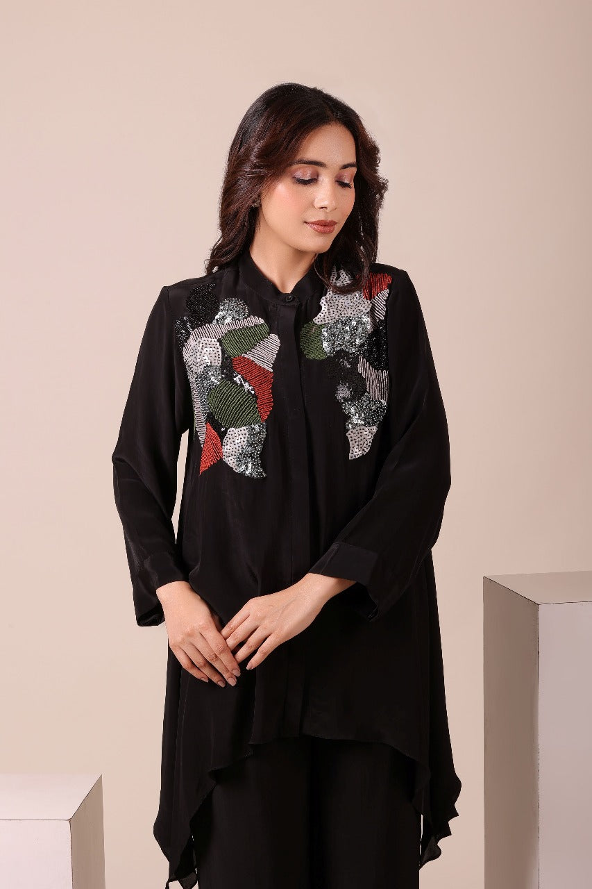 Myra Black Asymmetric Embroidered Tunic Set