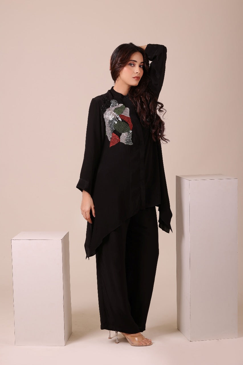 Myra Black Asymmetric Embroidered Tunic Set